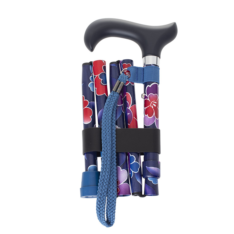 Height-Adjustable Blue Floral Mini Folding Derby Walking Stick